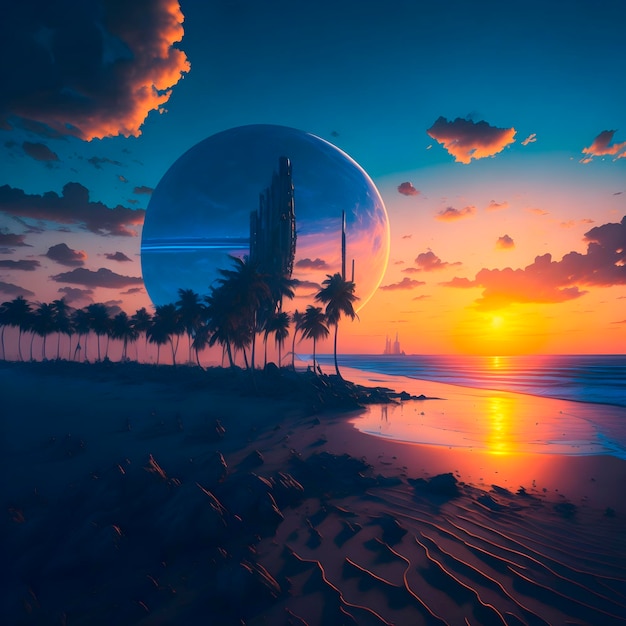 Un cuadro de una playa con una gran pelota y un atardecer de fondo.