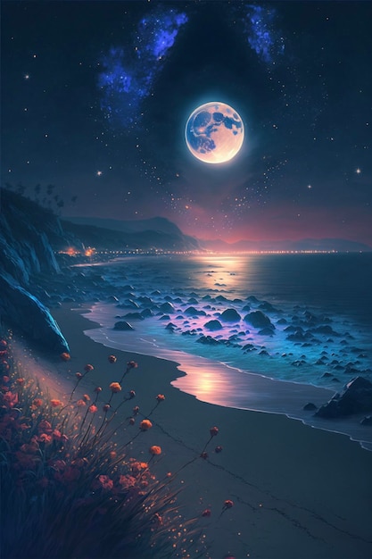 Cuadro de una playa de noche con luna llena ai generativo
