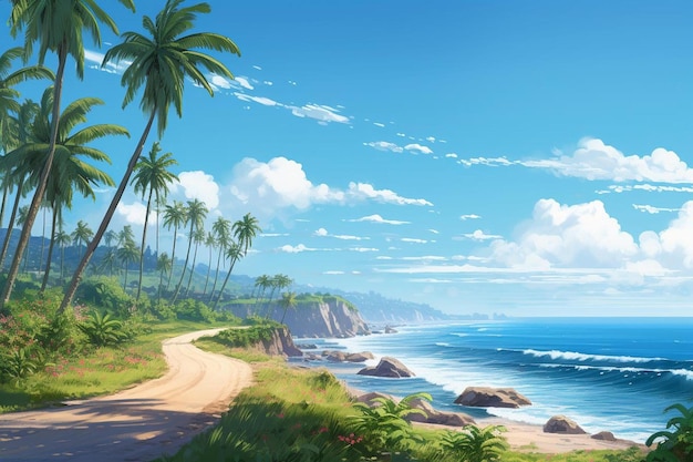un cuadro de una playa con palmeras y un camino.