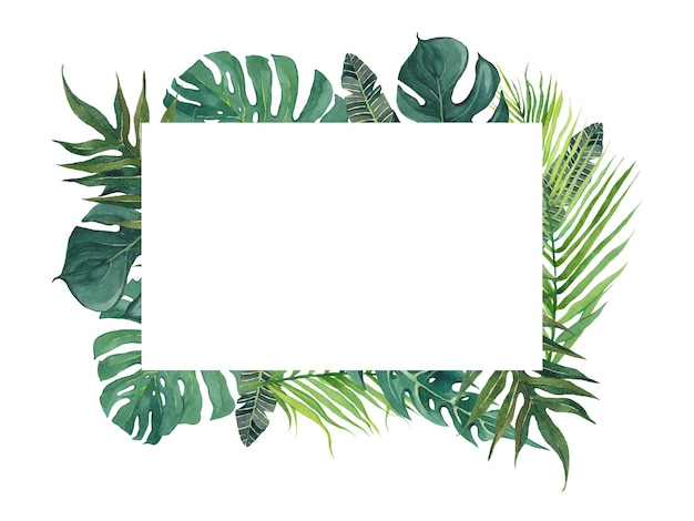 Cuadro rectangular de acuarela con hojas tropicales Trevas exóticas hojas de monstera Tarjeta de felicitación con lugar para texto Diseño y decoración Invitación evento boda