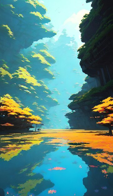 Un cuadro de un río con árboles y montañas al fondo.