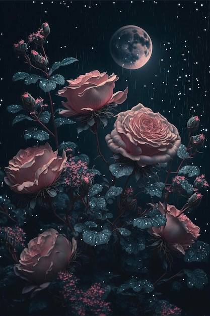 Cuadro de rosas con luna llena de fondo ai generativo