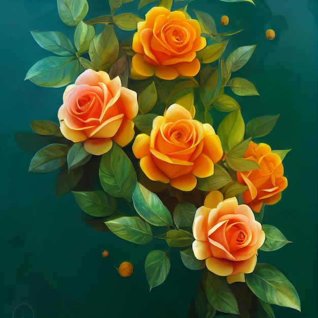Cuadro de rosas naranjas con hojas verdes ai generativo