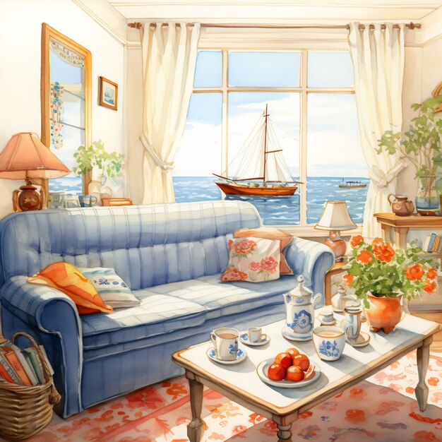 un cuadro de una sala de estar con un barco sobre la mesa