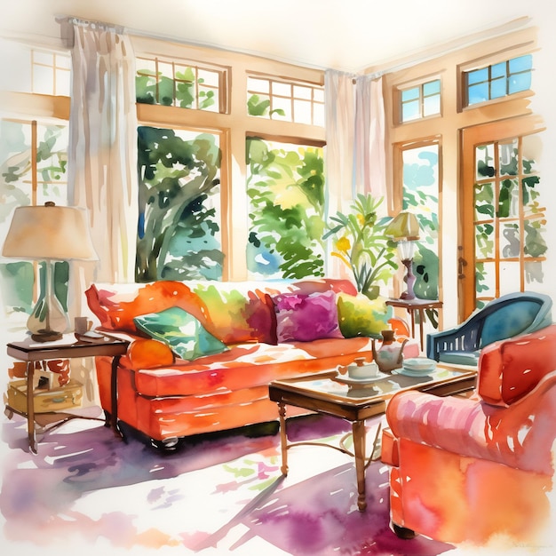 un cuadro de una sala de estar con un sofá y una lámpara