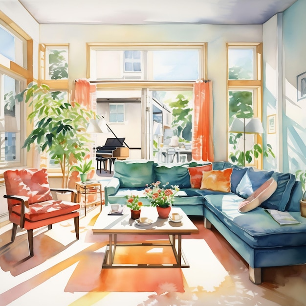 un cuadro de una sala de estar con un sofá y una mesa de café