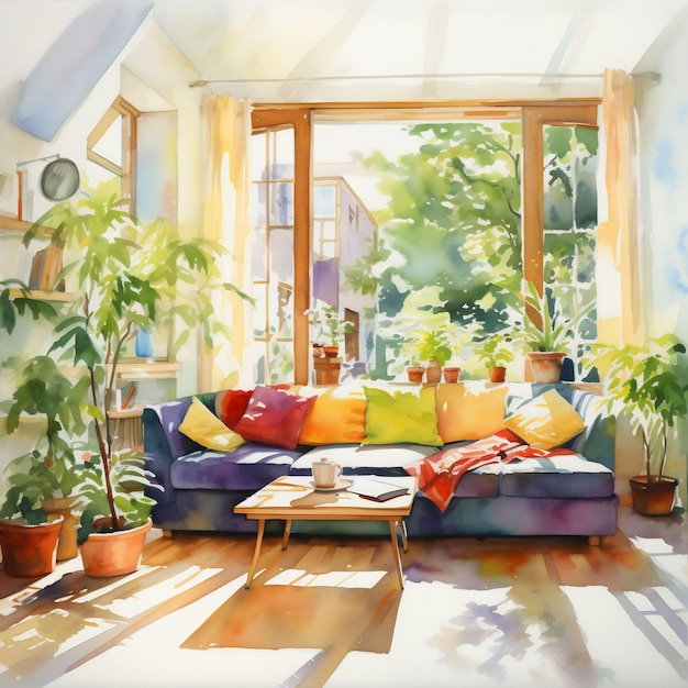 un cuadro de una sala de estar con un sofá y una ventana