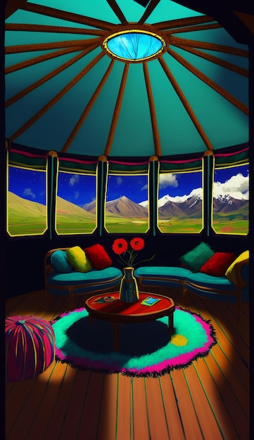 Cuadro de un salón con vistas a las montañas y un jarrón con flores.