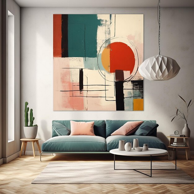 un cuadro de un sofá y una lámpara en una habitación con un sofá y una lámpara.