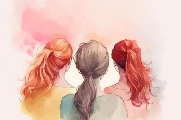 Un cuadro de tres chicas de pelo rojo y fondo rosa.