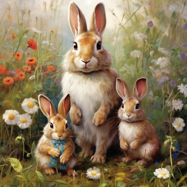 Cuadro de tres conejos en un campo de flores con margaritas generativo ai