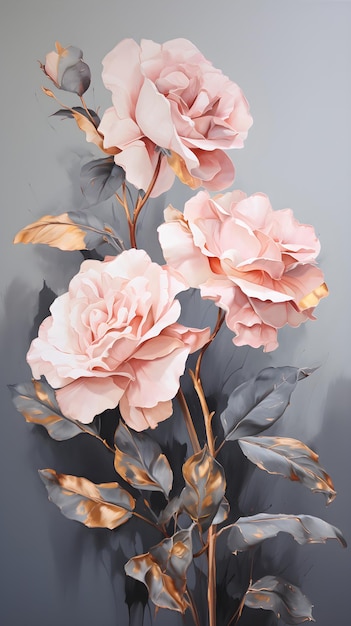 un cuadro de tres flores rosas sobre un fondo gris Pintura Gouache de una flor de color dorado