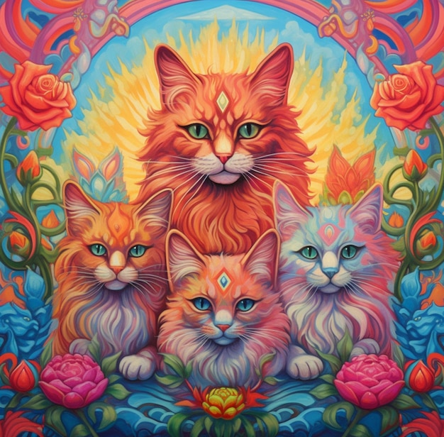 Cuadro de tres gatos con flores y un sol de fondo generativo ai