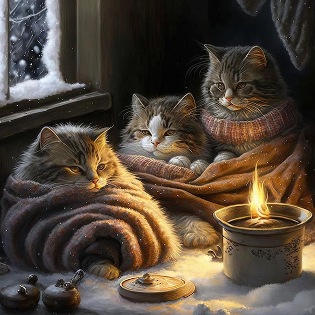 Un cuadro de tres gatos con una manta que dice "el gato está durmiendo".