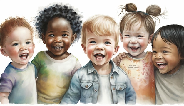 Un cuadro de tres niños uno de ellos con camiseta verde y el otro de los otros tres sonriendo.