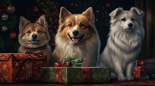 Foto un cuadro de tres perros con un árbol de navidad al fondo.