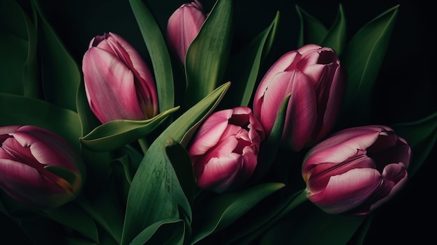 Un cuadro de tulipanes rosas con hojas verdes.