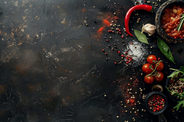 Un cuadro vibrante de tomates frescos, ajo y una mezcla de especias contra un telón de fondo oscuro