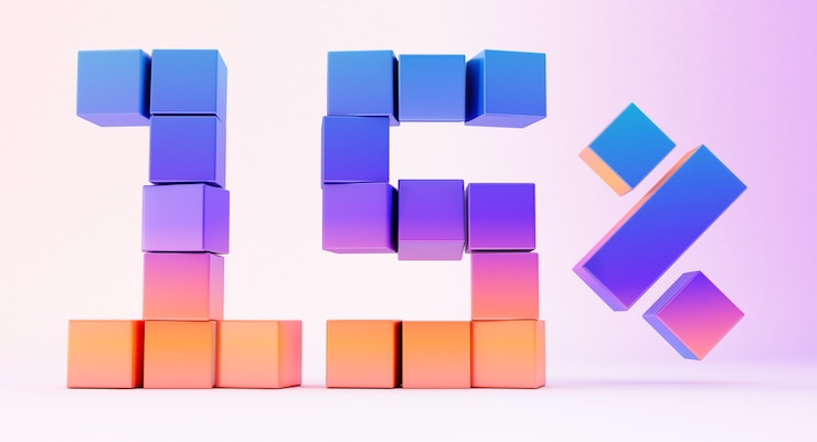 Foto cuadros de colores que forman el número quince aislado sobre fondo blanco, 3d render