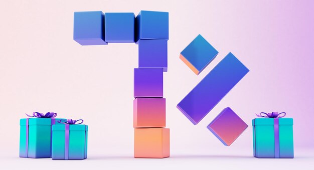 Cuadros coloridos que forman el número siete aislado sobre fondo blanco, siete por ciento con cuadros git, 3D Render