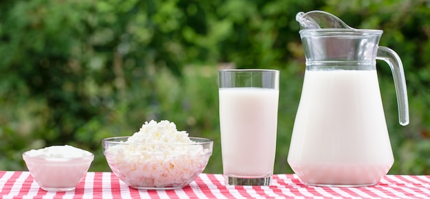 Cuajada de leche y crema agria sobre mantel a cuadros rojo