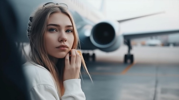 Cuando el avión despega, la niña espera cerca. Los pasajeros del vuelo están abordando IA generativa y un pasajero joven en el aeropuerto.