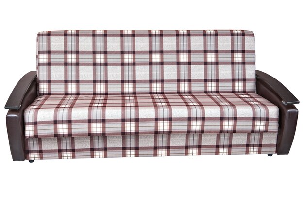 Cuando está plegado, el moderno sofá cama de tela a cuadros de 2 plazas, aislado sobre fondo blanco, incluye el trazado de recorte.
