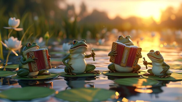 Cuando el sol se pone en el estanque un trío de ranas en los lirios se dan una serenata con una balada romántica