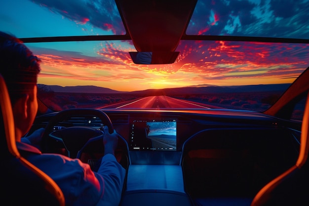 Foto cuando el sol se pone en el horizonte los coches holografía generativa ai