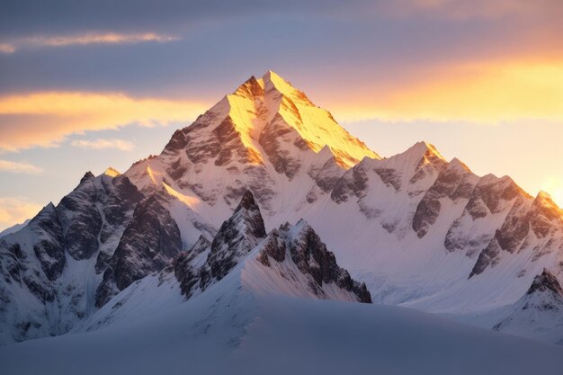 Cuando el sol se pone en Nepal un resplandor naranja ilumina las nevadas montañas rocosas del Himalaya