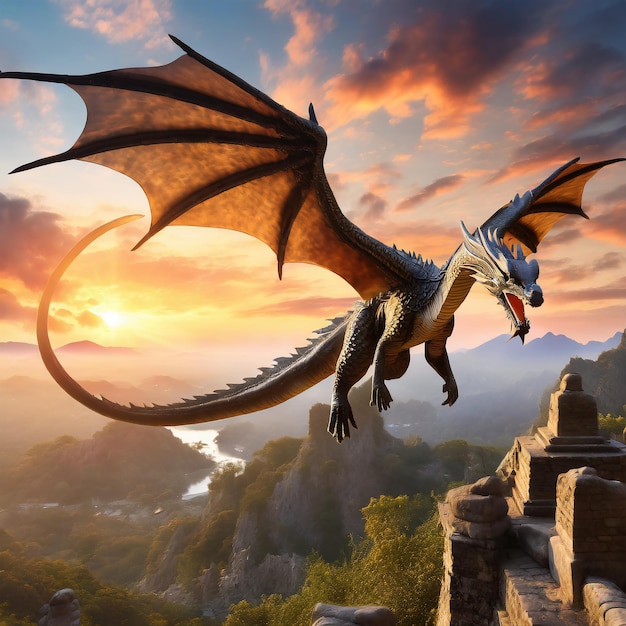 Foto cuando el sol se pone sobre el antiguo reino un enorme dragón serpiente toma vuelo