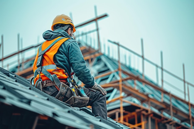 Cuando trabaja en el techo, un trabajador de la construcción usa un cinturón de seguridad Generativo Ai