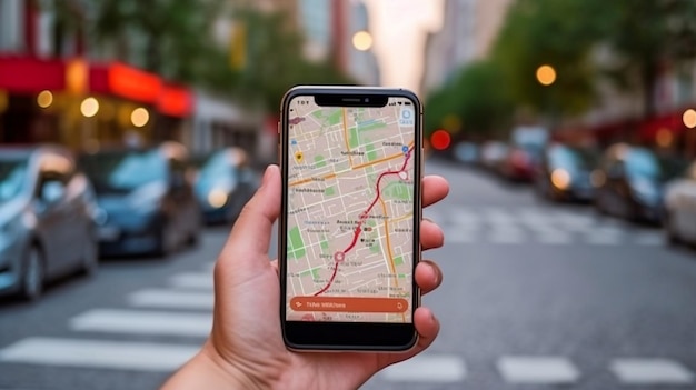 Cuando viaja en una ciudad, un viajero usa una aplicación de mapas en su teléfono inteligente para encontrar la posición de la ruta de un lugar usando un gps en la calle La IA generativa
