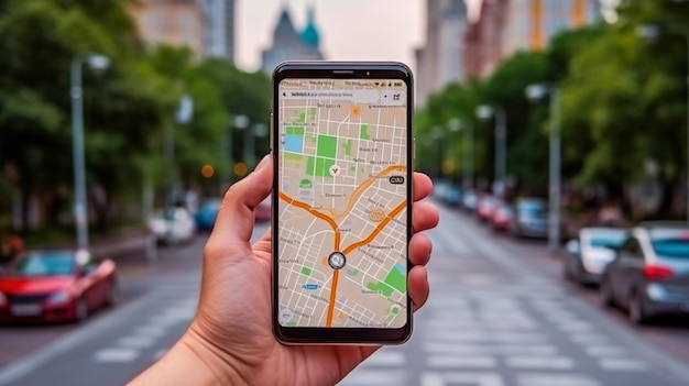 Foto cuando viaja en una ciudad, un viajero usa una aplicación de mapas en su teléfono inteligente para encontrar la posición de la ruta de un lugar usando un gps en la calle la ia generativa