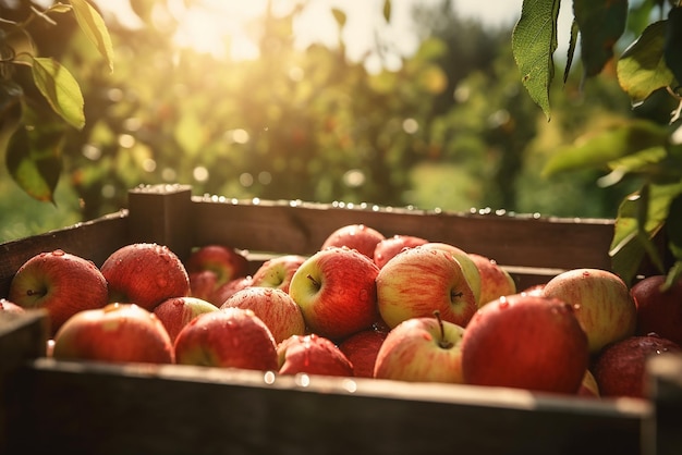 Unas cuantas cestas de manzanas frescas en un huerto