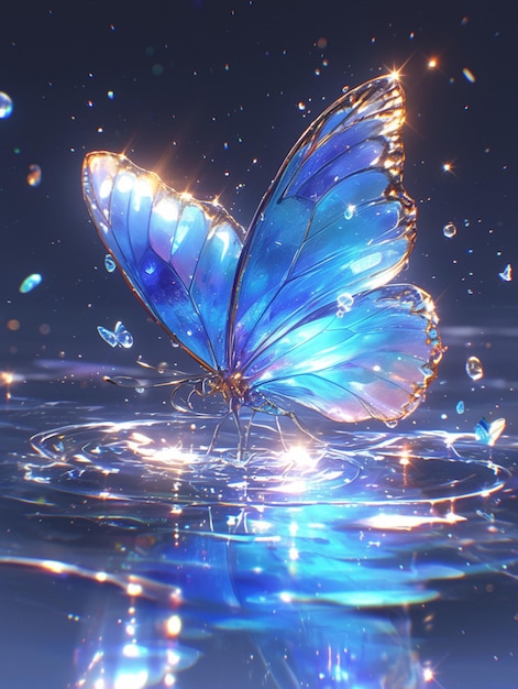 Unas cuantas mariposas con hermosas alas, efecto Tyndall, adornos de pétalos en el agua.
