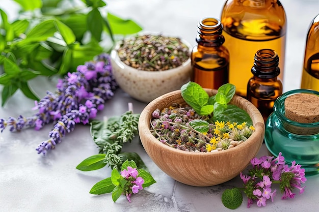 Foto unos cuantos cuencos pequeños de aceite de oliva algunos de los cuales están en una mesa con flores y flores