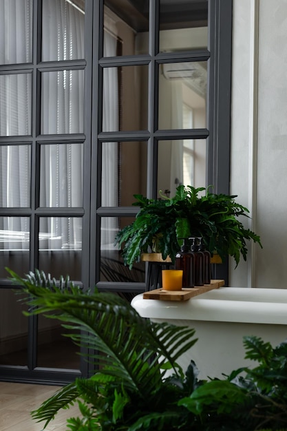 cuarto de baño acogedor con plantas verdes y una gran ventana luminosa
