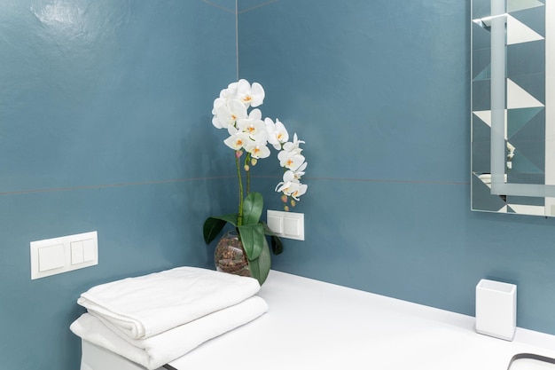 Cuarto de baño azul y blanco con iluminación de toallas de espejo grande y lavabo de encimera