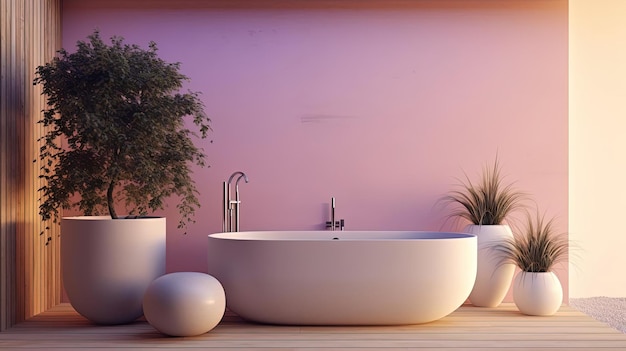 un cuarto de baño con bañera y plantas cerca de una pared de madera al estilo violeta beige claro