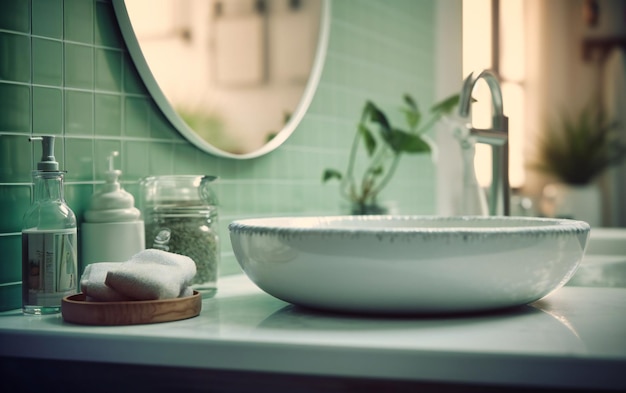 Un cuarto de baño blanco con un lavabo y un tazón de jabón.