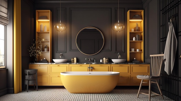 Cuarto de baño de diseño interior moderno Habitación con paredes grises y bañera amarilla y lavabos con espejo y decoración Espacio doméstico contemporáneo con fondo de ilustración de muebles IA generativa