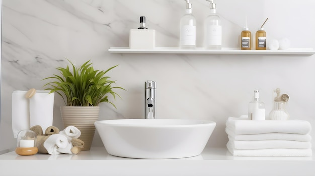 Un cuarto de baño con lavabo blanco y una planta en la estantería.