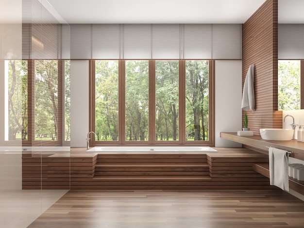 Cuarto de baño de madera moderno estilo contemporáneo 3D Render. Decorar la pared y el piso con madera. Hay grandes ventanales para ver la naturaleza.