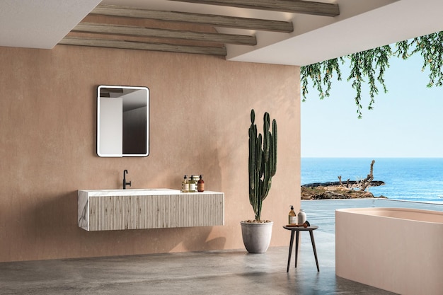 Cuarto de baño moderno con antiguas paredes beige, suelo de hormigón y cómodo lavabo con grifo negro.