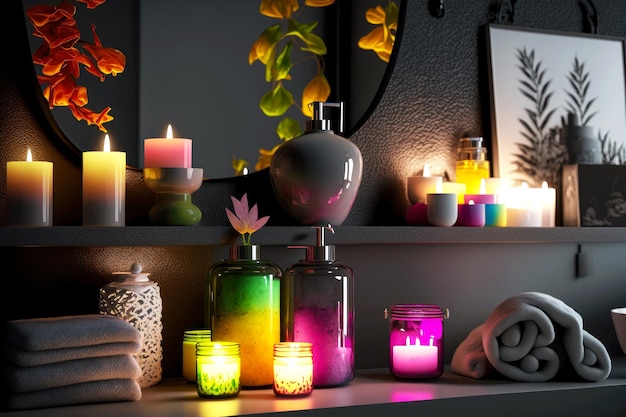 Cuarto de baño moderno con velas y accesorios coloridos sobre fondo oscuro creado con ai generativo