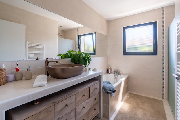 Foto cuarto de baño nuevo y luminoso interior de baño con ducha de vidrio embaldosado interior de mueble de tocador diseñado en blanco y marrón con madera