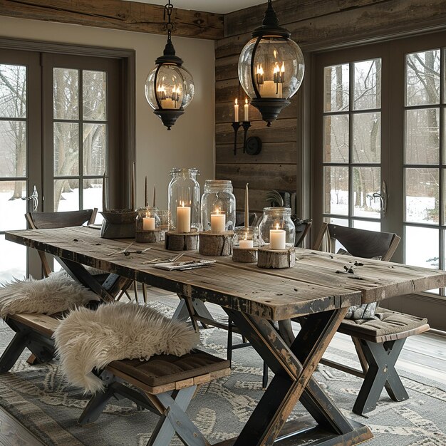 Foto cuarto de comedor cálido y acogedor con una mesa rústica de granja y candelabro de velas