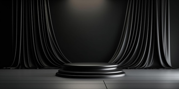Cuarto de fondo de producto negro y podio de soporte en pantalla de escena de cortina oscura con tela de lujo en la espalda
