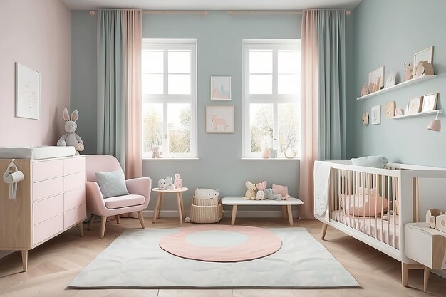 Foto cuarto de infancia de inspiración escandinava con muebles minimalistas y colores pastel suaves
